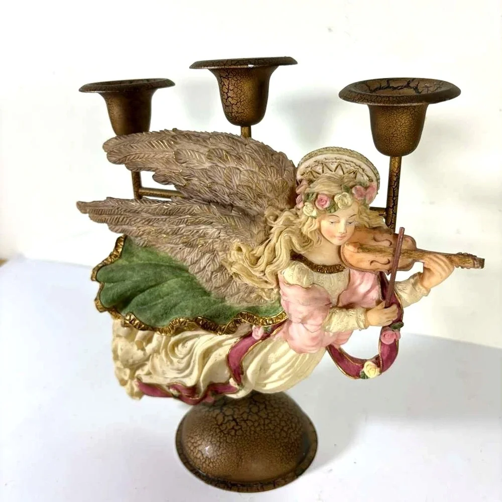 Sculpted Resin Heavenly Angel Candle Holder w/Violin 3 Candle Metal Candelabra